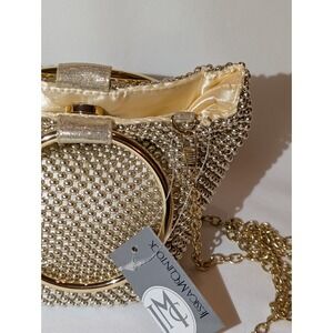 Jessica McClintock Gold Beaded Clutch Evening Bag Gwen Ball Mesh Chain Strap